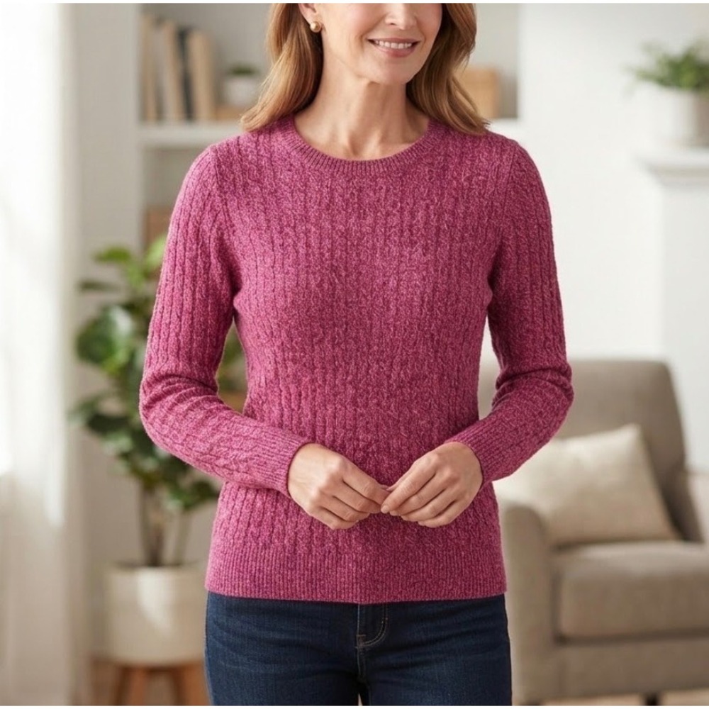 Kim Rogers Pink‎ Marled Cable Knit Cotton Crew Neck Sweater Womens
